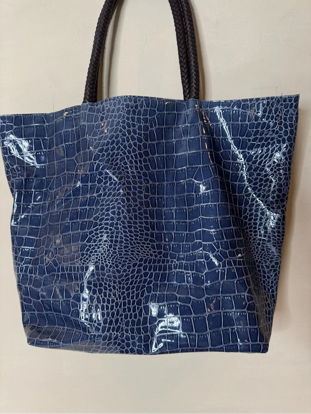 Neiman Marcus Blue Croc Embossed Patent Faux Leather Tote Shoulder Bag